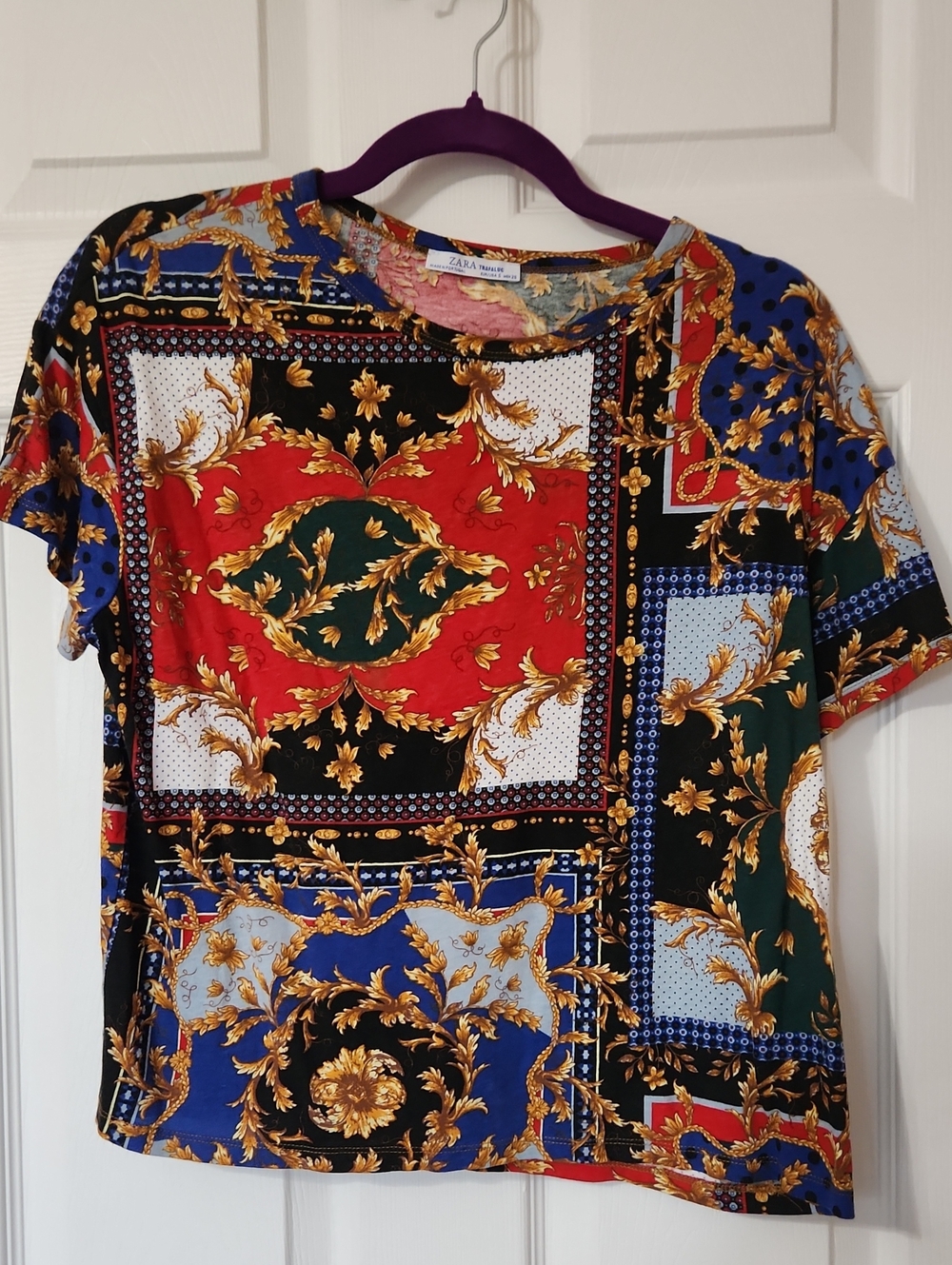 Zara Baroque Patchwork Print Top in Red, Blue, Green, Black & Gold